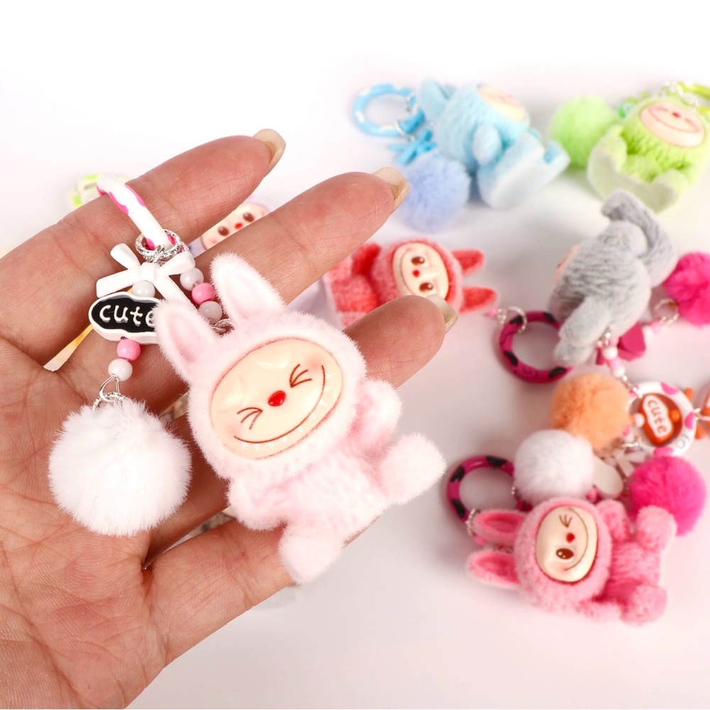 10PCs Fuzzy Labubu Keychains with Pom-pom. Cute Monster Bunny Charm-Not Pop Mart - Picture 2 of 16